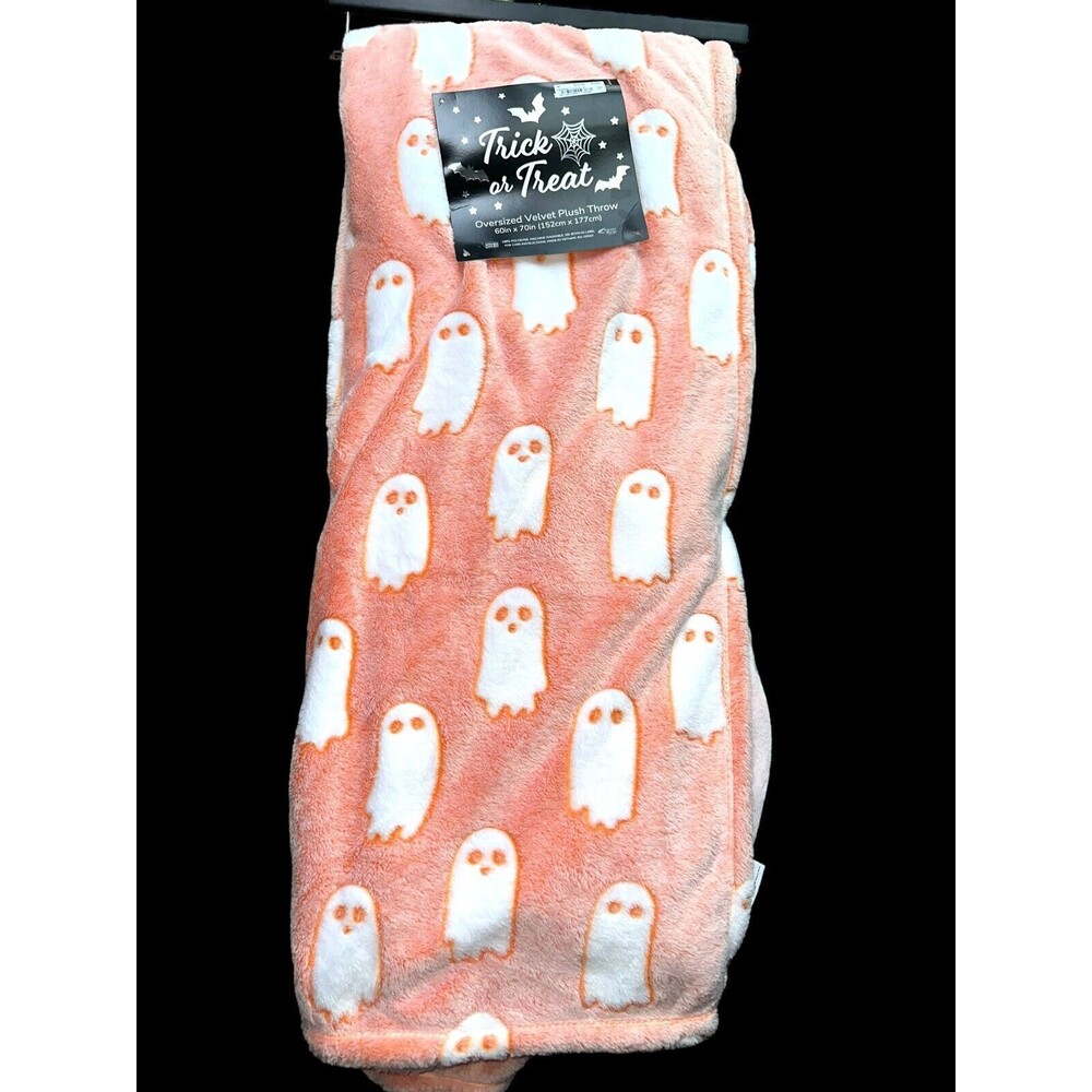 Oversized Velvet Plush Halloween Throw Blanket Cute White Ghost Pastel Orange